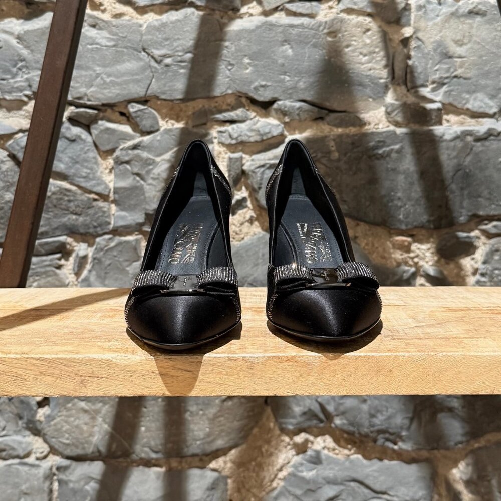 Salvatore Ferragamo Black Satin Crystal Embellished Pumps - Picture 2 of 12